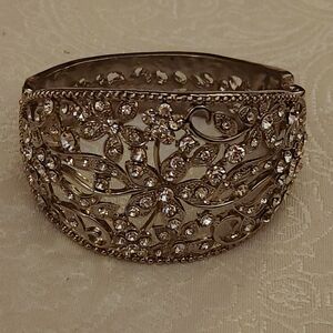 Silver Cuff Bracelet With Crystal Floral Filigree